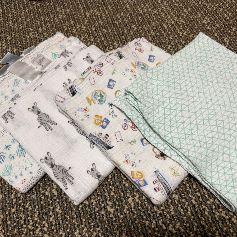 Baby Muslin Swaddle Blankets - Zebra & Travel Prints in Mint and White set of 4